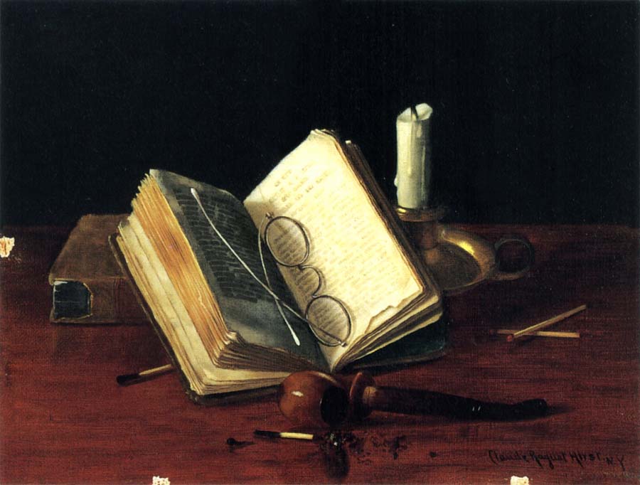 Open Book with Spectacles,Candle and pipe